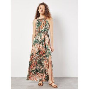 Palm print dress in halter type neckline